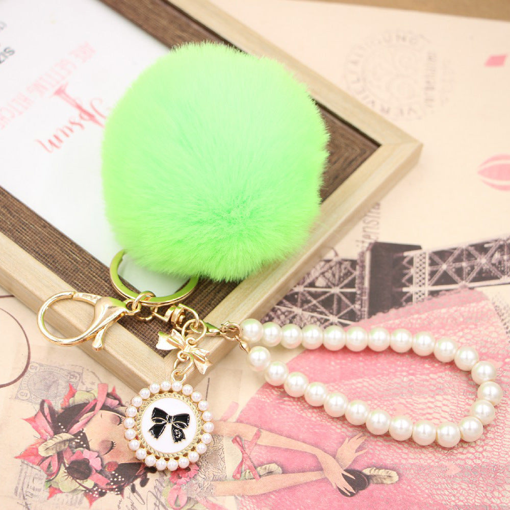Wholesale Imitation Rex Rabbit Fur Ball Pearl Chain Bow Plush Ball Keychain